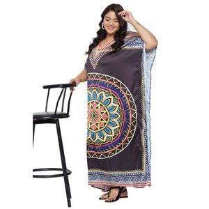 Women Plus Size Mandala Printed Black Satin Kaftan Maxi Dress by Gypsie Blu